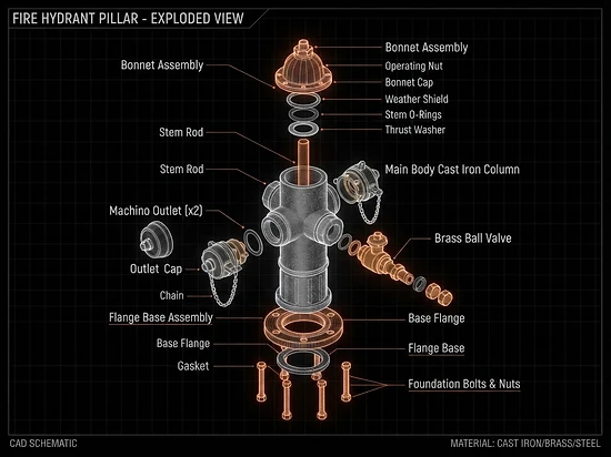 Diagram exploded view komponen hydrant pillar